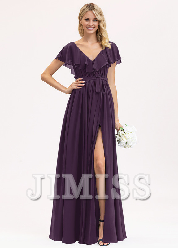 A-line V-neck floor-length chiffon bow tiered ruffle bridesmaid dress