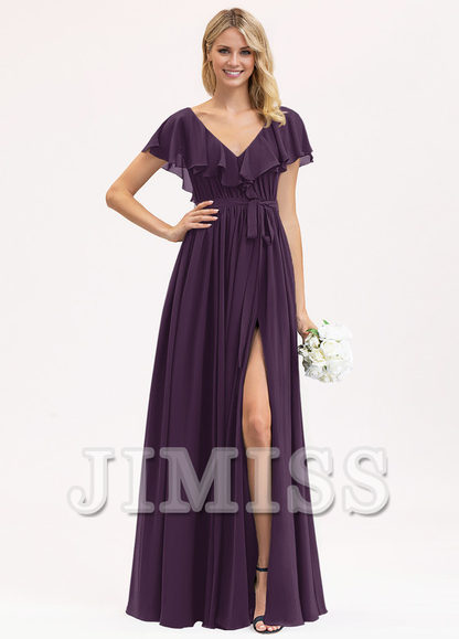 A-line V-neck floor-length chiffon bow tiered ruffle bridesmaid dress