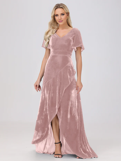 V-neck short sleeved ruffled velvet and floor length bridesmaid dress