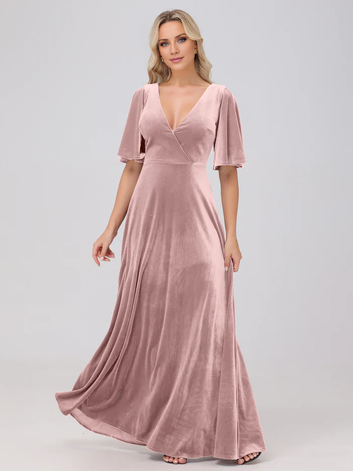A-line V-neck short sleeved velvet and floor length bridesmaid dress