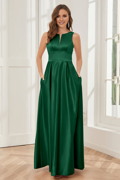 A-line sleeveless satin and floor length bridesmaid dress