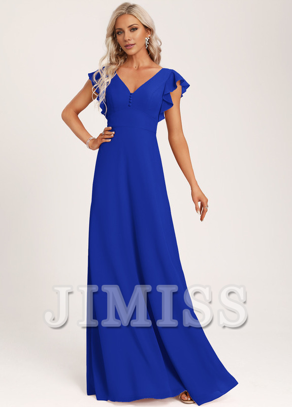 Ruffled A-line V-neck Floor-length Chiffon Bridesmaids Dress