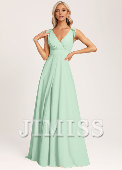 A-line V-neck floor-length chiffon bow bridesmaid dress