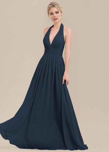Ruffled A-Line Halter Neck Floor Length Chiffon Bridesmaids Dress