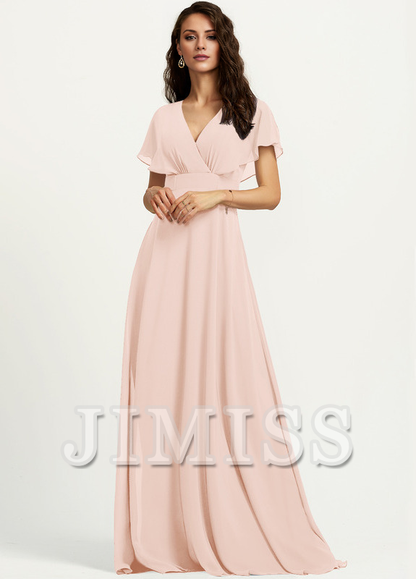 A-line V-neck floor-length chiffon bridesmaid dress