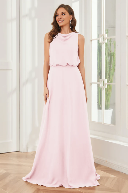 Pillar style wind neck sleeveless chiffon and floor length bridesmaid dress
