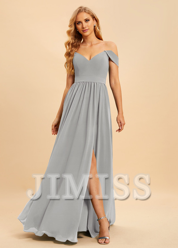 A-line off-the-shoulder floor-length chiffon bridesmaid dress