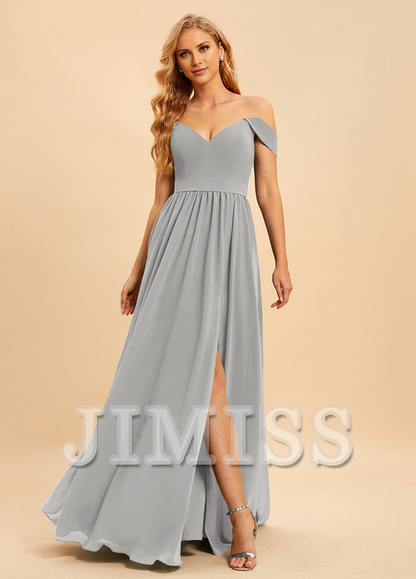 A-line off-the-shoulder floor-length chiffon bridesmaid dress