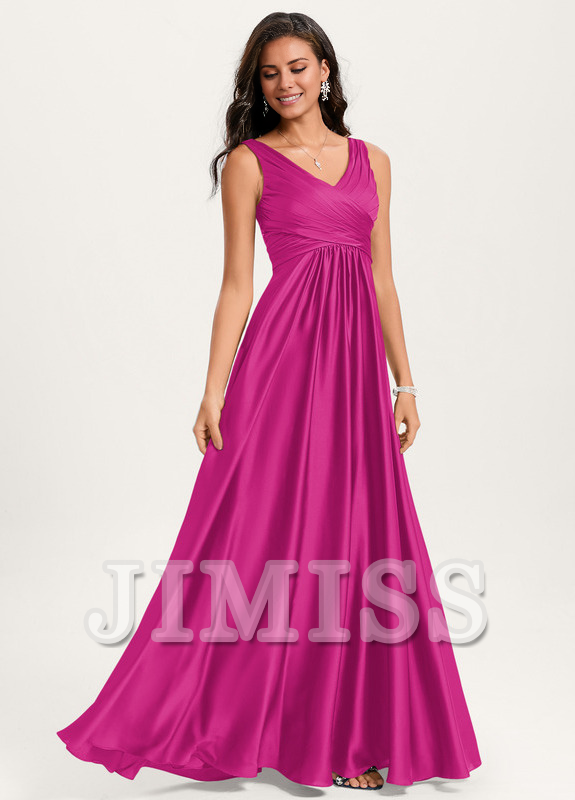 Ruffled A-line V-neck Floor-length Satin Bridesmaids Dress