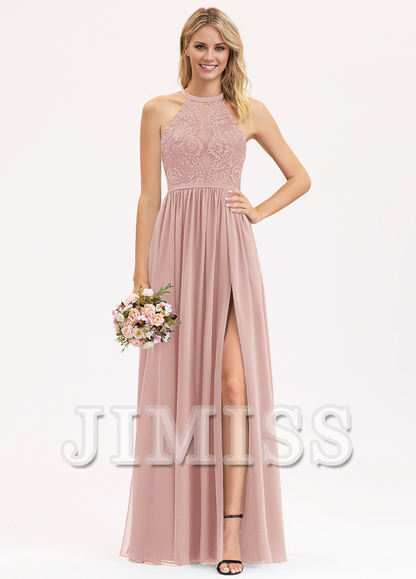 A-line Scoop Neck Floor Length Lace Chiffon Bridesmaids Dress
