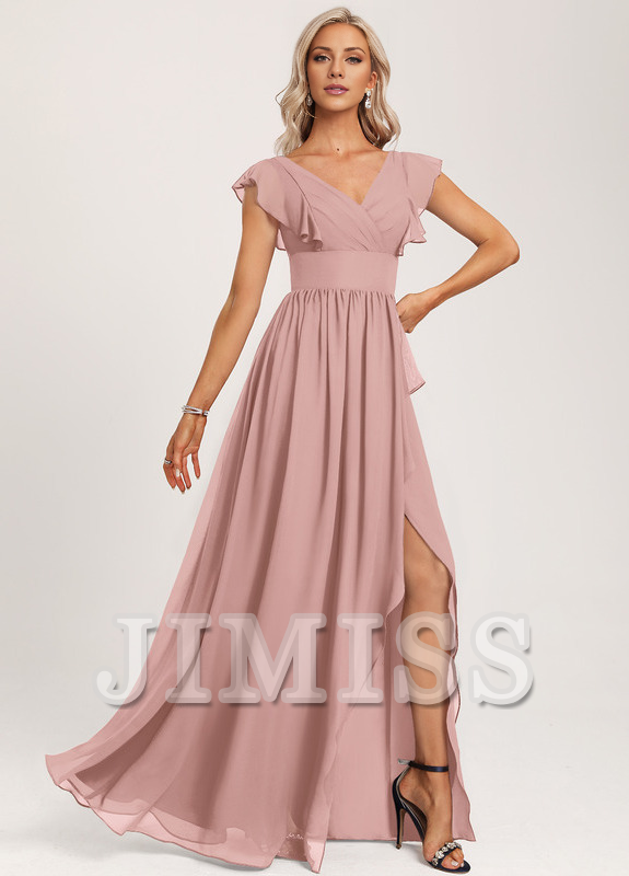 Ruffled A-line V-neck Floor-length Chiffon Bridesmaids Dress