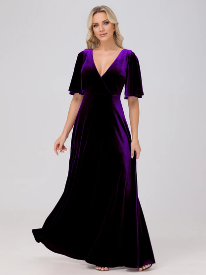 A-line V-neck short sleeved velvet and floor length bridesmaid dress