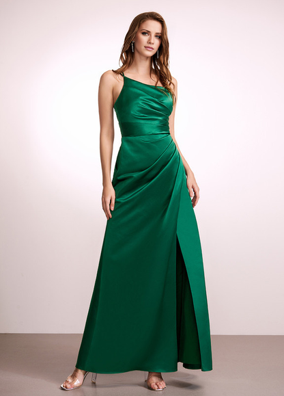A-line one-shoulder floor-length satin bridesmaid dress