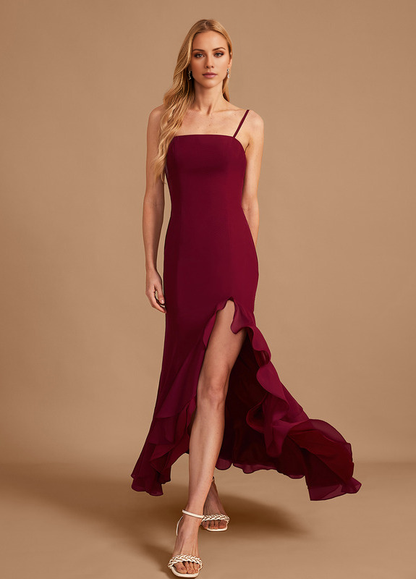 Trumpet Fishtail Square Floor Length Chiffon Ruffle Bridesmaid Dress