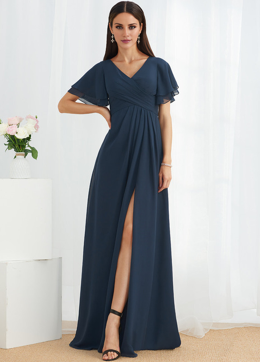 A-line V-neck floor-length chiffon bridesmaid dress