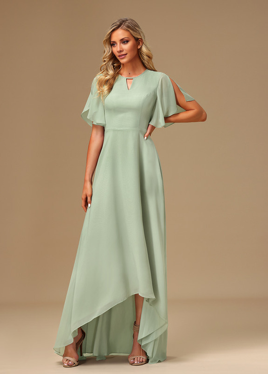 Ruffled A-line Boat Neck Asymmetric Chiffon Bridesmaids Dress