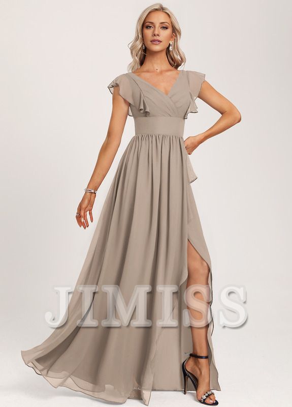 Ruffled A-line V-neck Floor-length Chiffon Bridesmaids Dress
