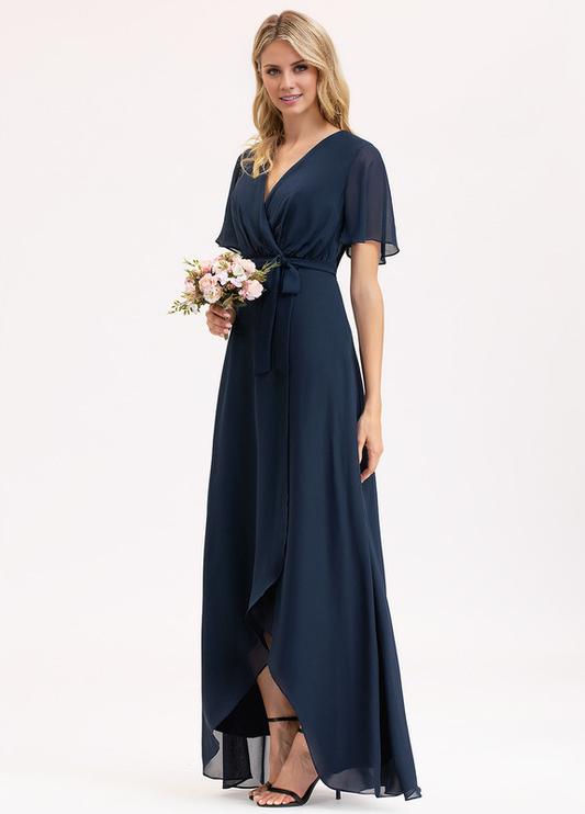 A-line V-neck asymmetric bow pleated chiffon bridesmaid dress