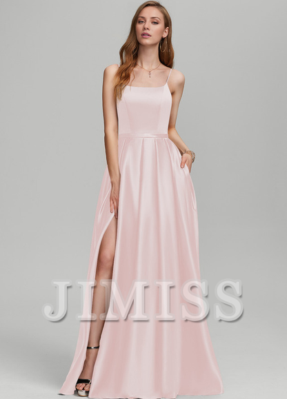 A-Line Square Floor Length Satin Bridesmaids Dress