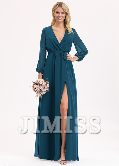 A-Line V-Neck Floor Length Chiffon Bow Pleated Bridesmaids Dress