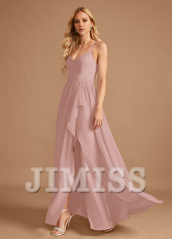 A-Line V-Neck Asymmetric Ruffle Chiffon Bridesmaids Dress