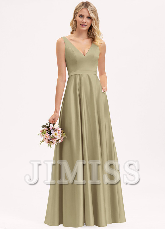 A-line V-neck floor-length satin bridesmaid dress