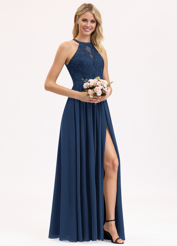 A-line Scoop Neck Floor Length Lace Chiffon Bridesmaids Dress