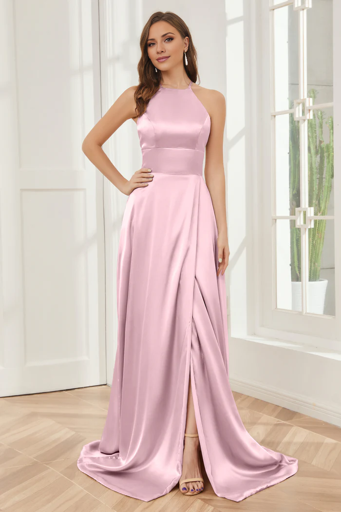 Column neck hanging soft satin and floor length bridesmaid dress