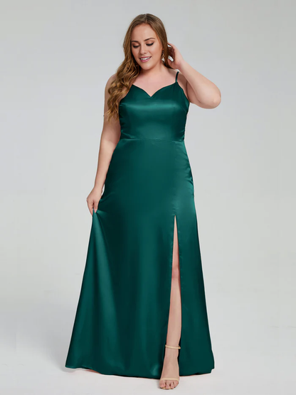 Split plus size soft satin and floor length bridesmaid dress