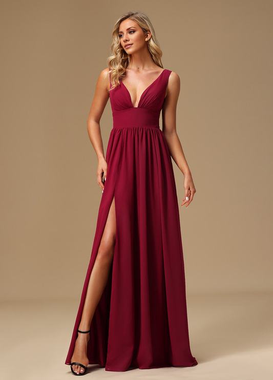 A-line dress V-neck floor-length chiffon bridesmaid dress