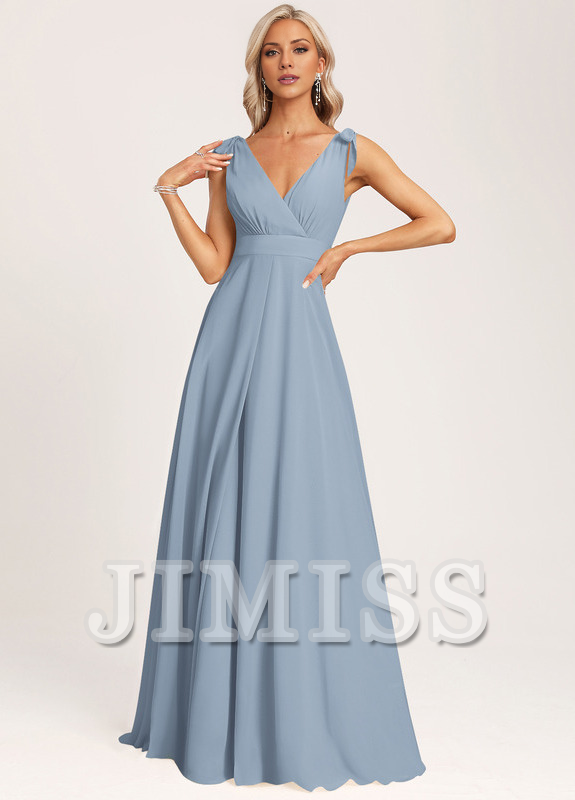 A-line V-neck floor-length chiffon bow bridesmaid dress