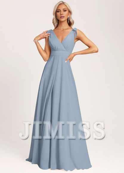 A-line V-neck floor-length chiffon bow bridesmaid dress