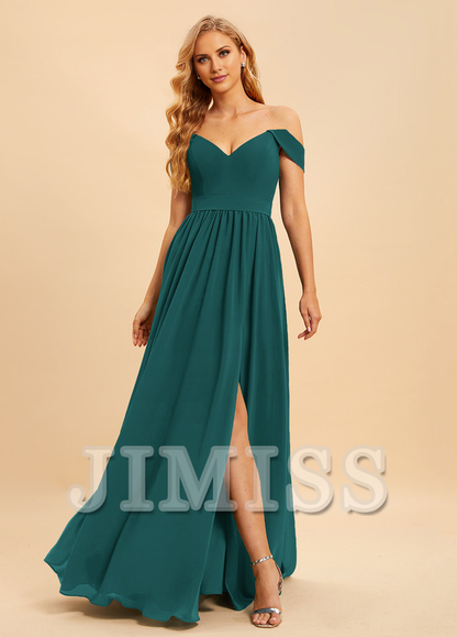 A-line off-the-shoulder floor-length chiffon bridesmaid dress