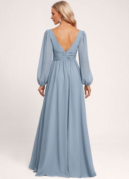 Ruffled A-line V-neck Floor-length Chiffon Bridesmaids Dress