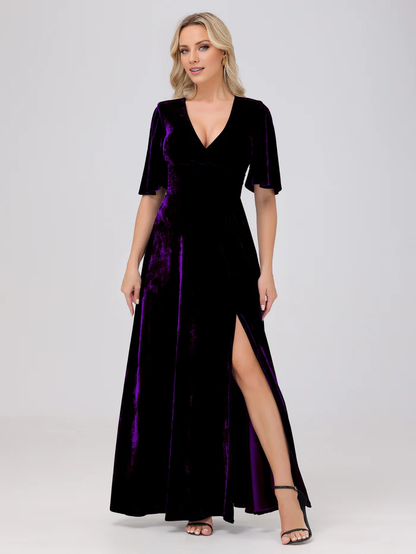 A-line V-neck short sleeved slit velvet and floor length bridesmaid dress