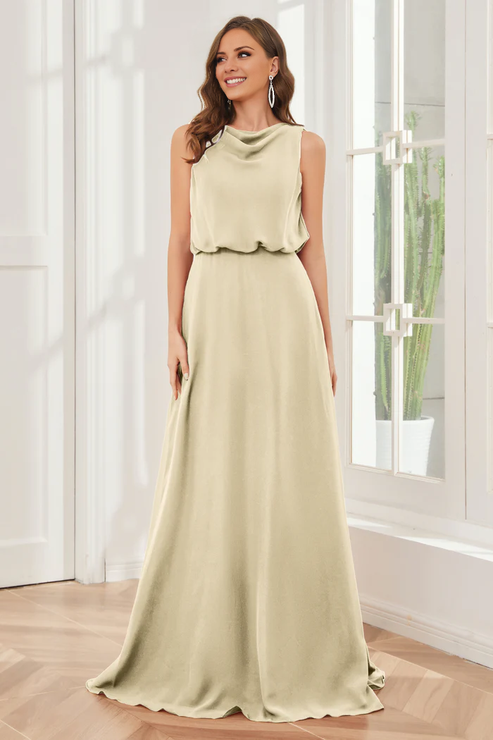 Pillar style wind neck sleeveless chiffon and floor length bridesmaid dress
