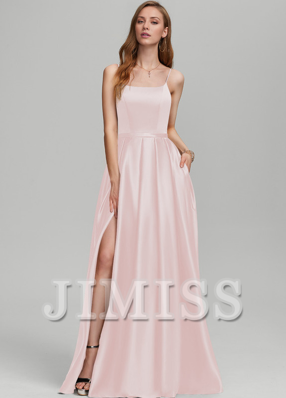 A-Line Square Floor Length Satin Bridesmaids Dress