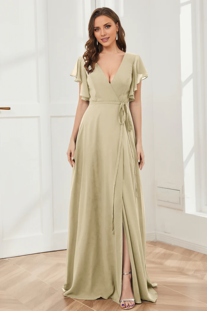 V-neck ruffled sleeve chiffon slit and floor length bridesmaid dress
