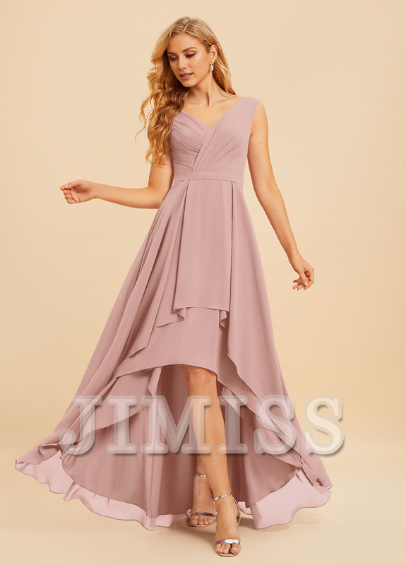 A-Line V-Neck Asymmetric Ruffle Chiffon Bridesmaids Dress