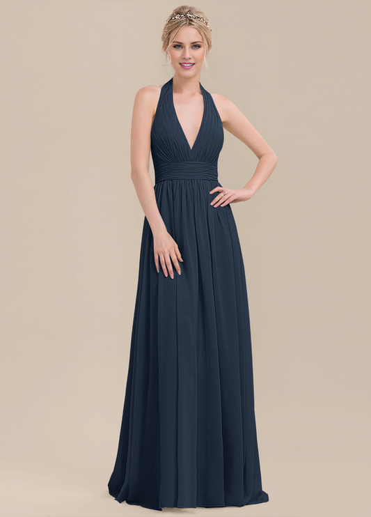 Ruffled A-Line Halter Neck Floor Length Chiffon Bridesmaids Dress