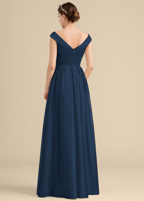Ruffled A-Line Off-The-Shoulder Floor-Length Satin Bridesmaids Dress