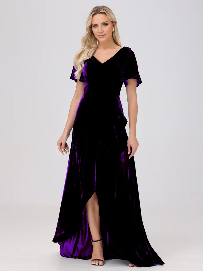 V-neck short sleeved ruffled velvet and floor length bridesmaid dress