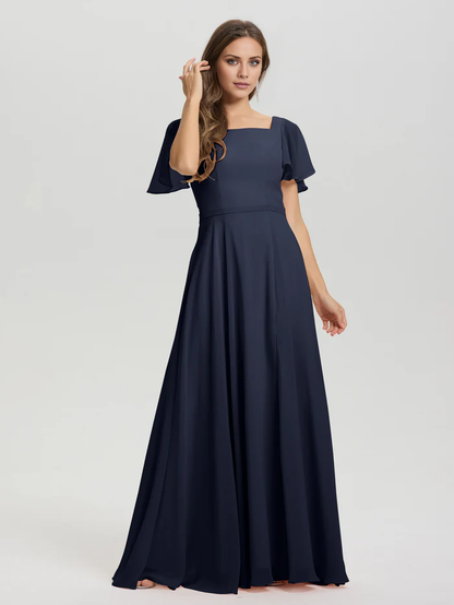 A-line square collar ruffled short sleeved and ground chiffon/ground length bridesmaid dress