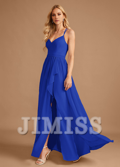 A-Line V-Neck Asymmetric Ruffle Chiffon Bridesmaids Dress
