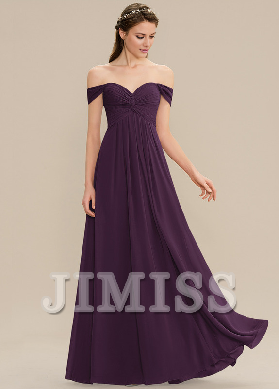 Ruffled A-line Off-the-shoulder Floor-length Chiffon Bridesmaids Dress