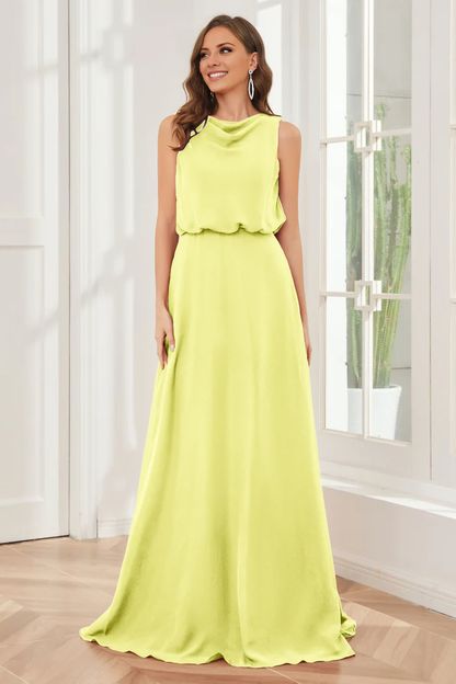 Pillar style wind neck sleeveless chiffon and floor length bridesmaid dress