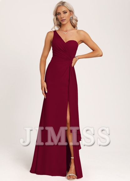 Ruffled A-line One Shoulder Floor Length Chiffon Bridesmaid Dress