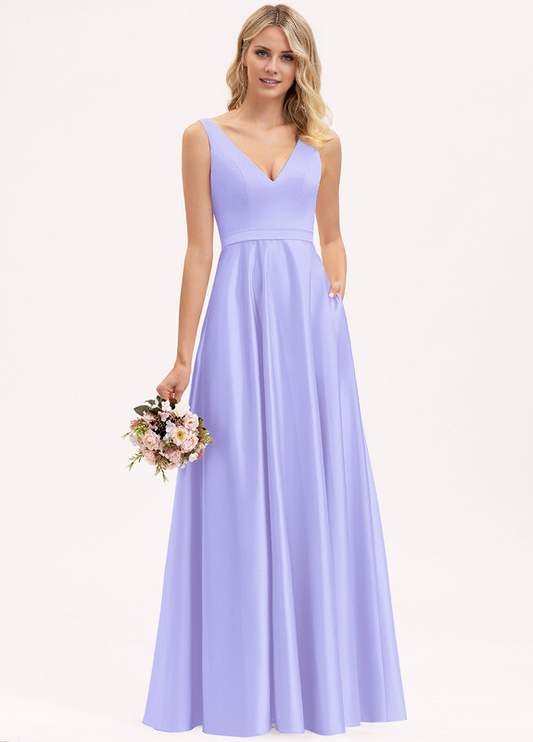 A-line V-neck floor-length satin bridesmaid dress