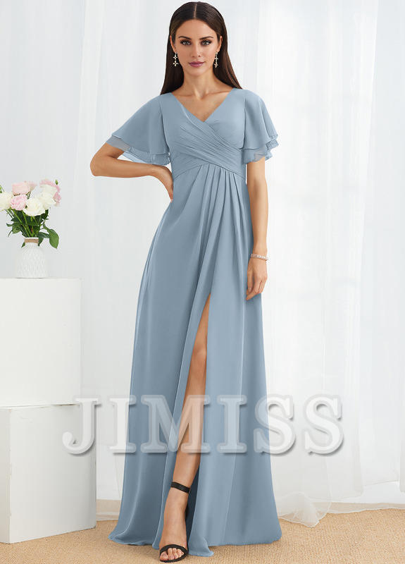 A-line V-neck floor-length chiffon bridesmaid dress