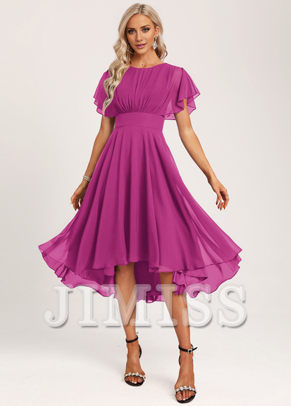 Ruffled A-line Spoon Asymmetric Chiffon Bridesmaids Dress